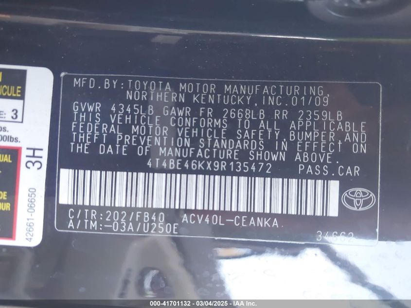 2009 Toyota Camry VIN: 4T4BE46KX9R135472 Lot: 41701132