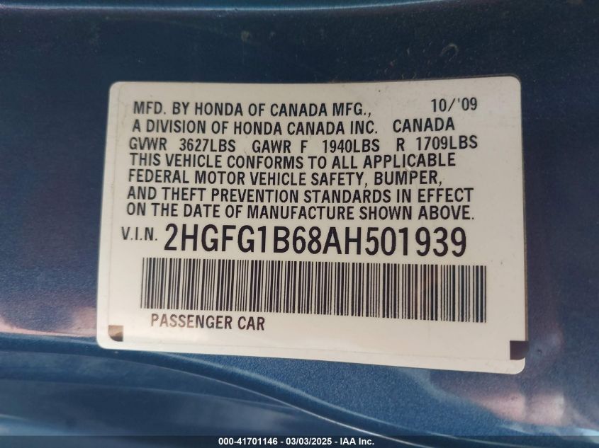 2010 Honda Civic Lx VIN: 2HGFG1B68AH501939 Lot: 41701146