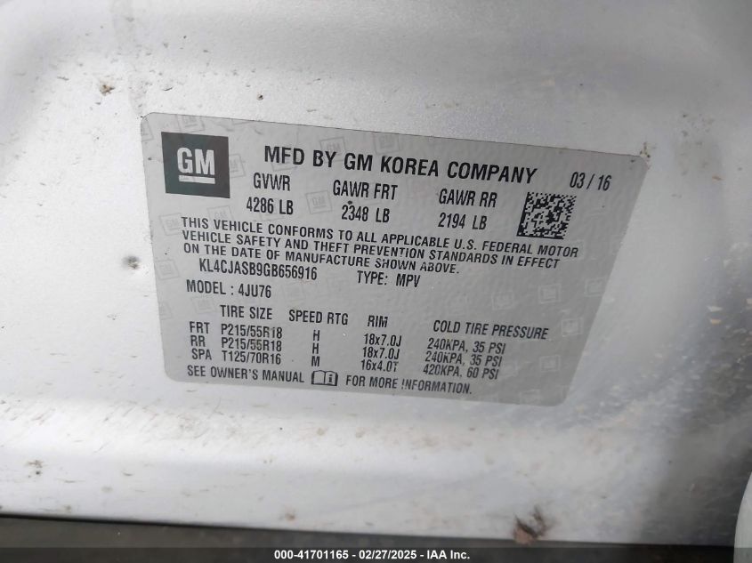 2016 Buick Encore VIN: KL4CJASB9GB656916 Lot: 41701165