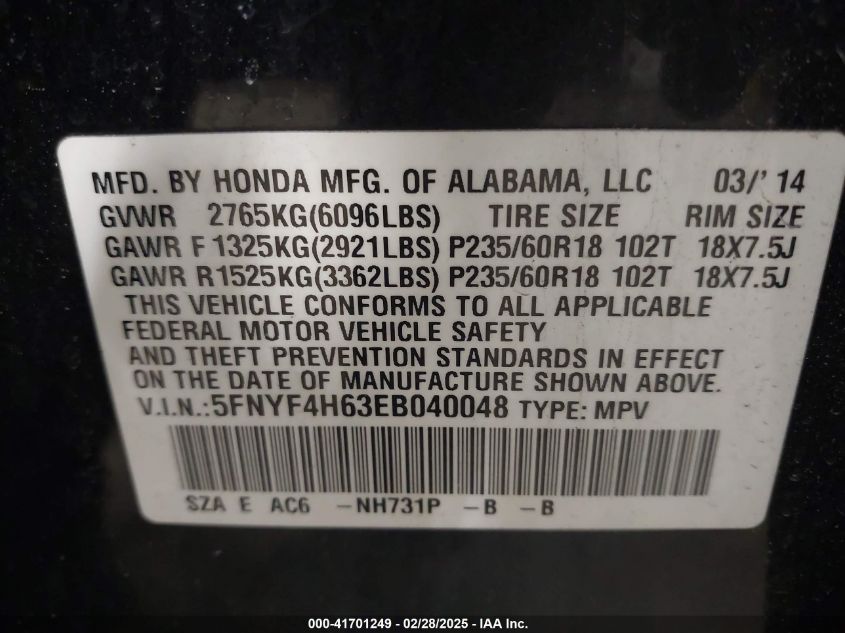 2014 Honda Pilot Ex-L VIN: 5FNYF4H63EB040048 Lot: 41701249