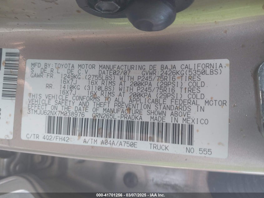 2007 TOYOTA TACOMA VIN: 3TMJU62NX7M038976