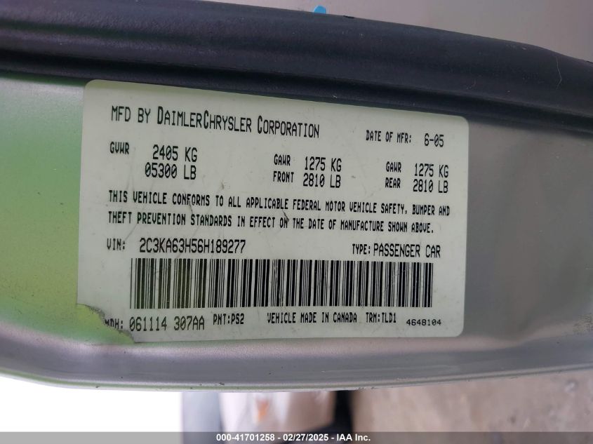 2006 Chrysler 300C VIN: 2C3KA63H56H189277 Lot: 41701258