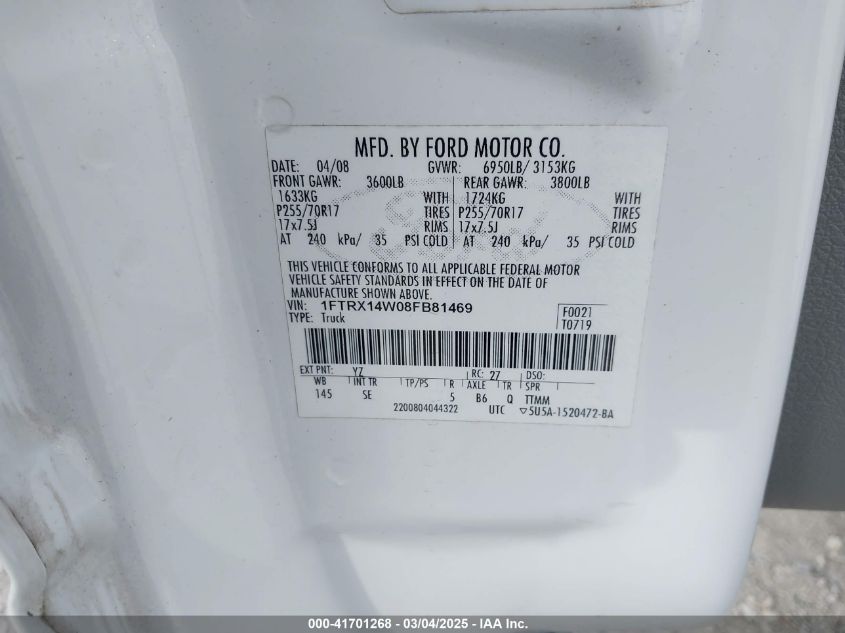 2008 Ford F-150 Stx/Xl/Xlt VIN: 1FTRX14W08FB81469 Lot: 41701268