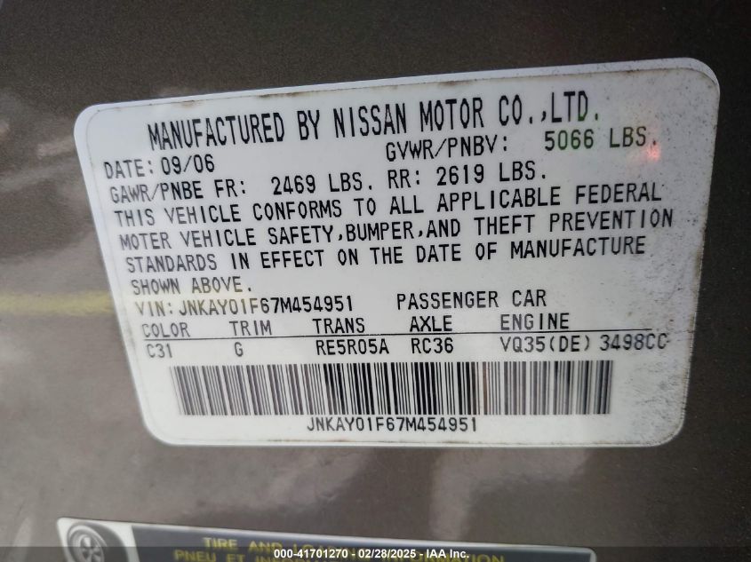 2007 Infiniti M35X VIN: JNKAY01F67M454951 Lot: 41701270