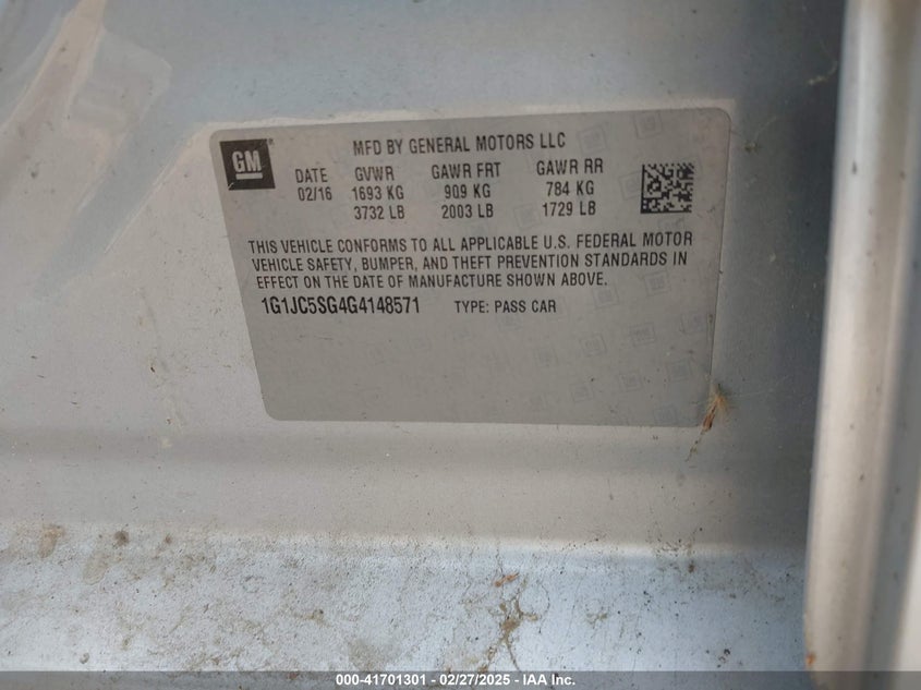 2016 CHEVROLET SONIC VIN: 1G1JC5SG4G4148571