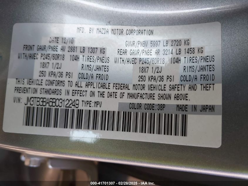 2011 Mazda Cx-9 Sport VIN: JM3TB3BA6B0312249 Lot: 41701307