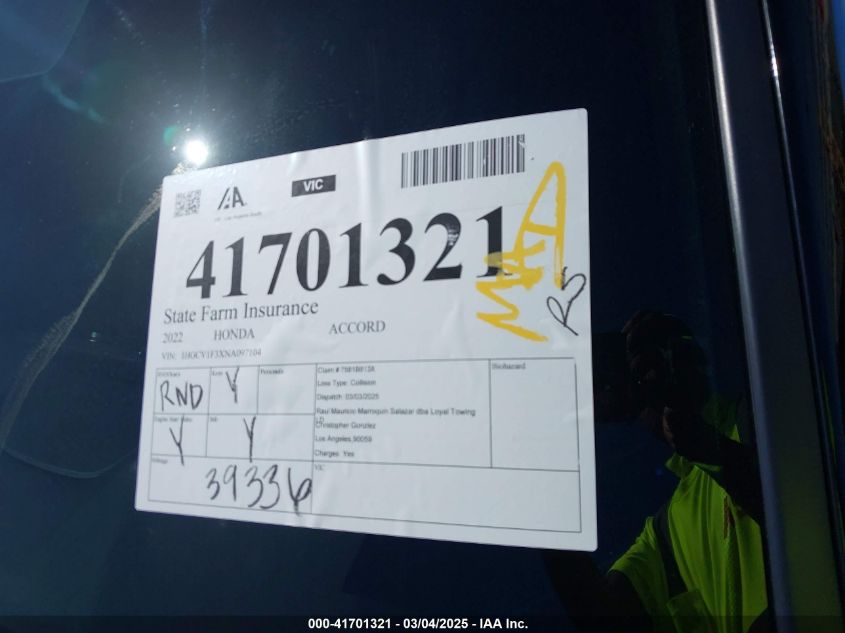 2022 Honda Accord Sport VIN: 1HGCV1F3XNA097104 Lot: 41701321