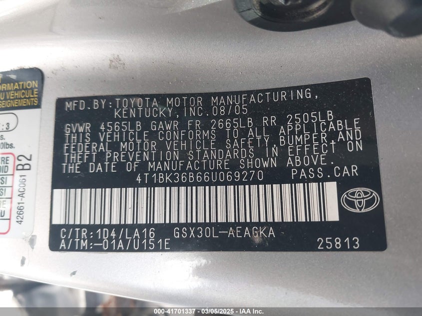2006 TOYOTA AVALON VIN: 4T1BK36B66U069270