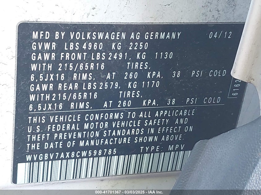2012 VOLKSWAGEN TIGUAN VIN: WVGBV7AX8CW598785