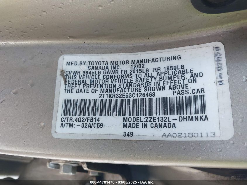 2003 Toyota Matrix Xr VIN: 2T1KR32E53C126468 Lot: 41701470