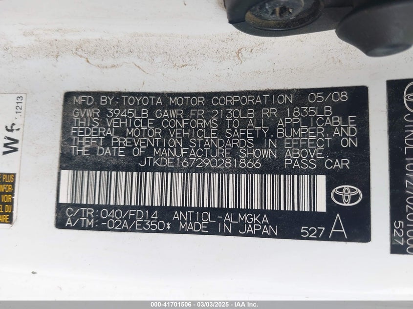 2009 SCION TC VIN: JTKDE167290281866