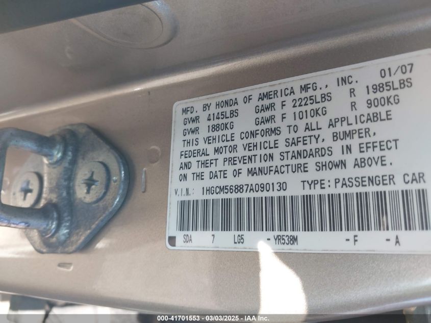 2007 Honda Accord 2.4 Ex VIN: 1HGCM56887A090130 Lot: 41701553