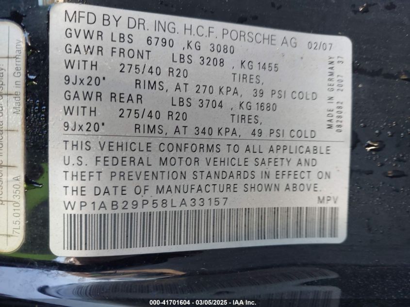2008 Porsche Cayenne S VIN: WP1AB29P58LA33157 Lot: 41701604