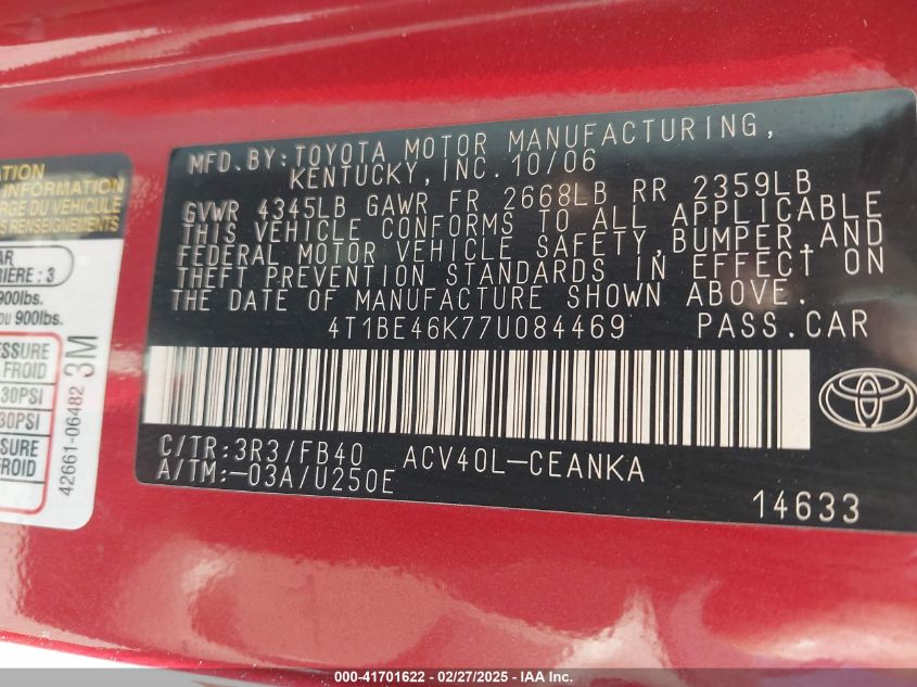 2007 Toyota Camry Le VIN: 4T1BE46K77U084469 Lot: 41701622