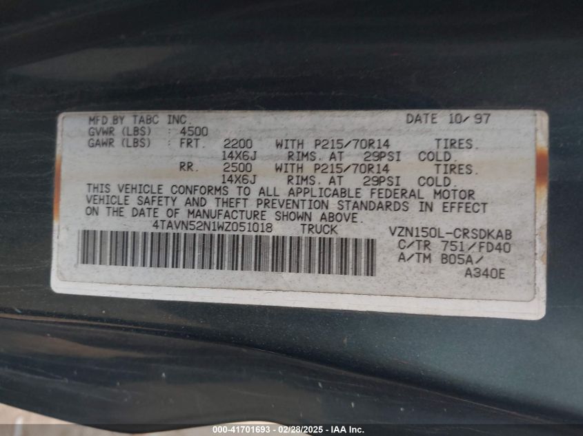 1998 Toyota Tacoma Base V6 VIN: 4TAVN52N1WZ051018 Lot: 41701693