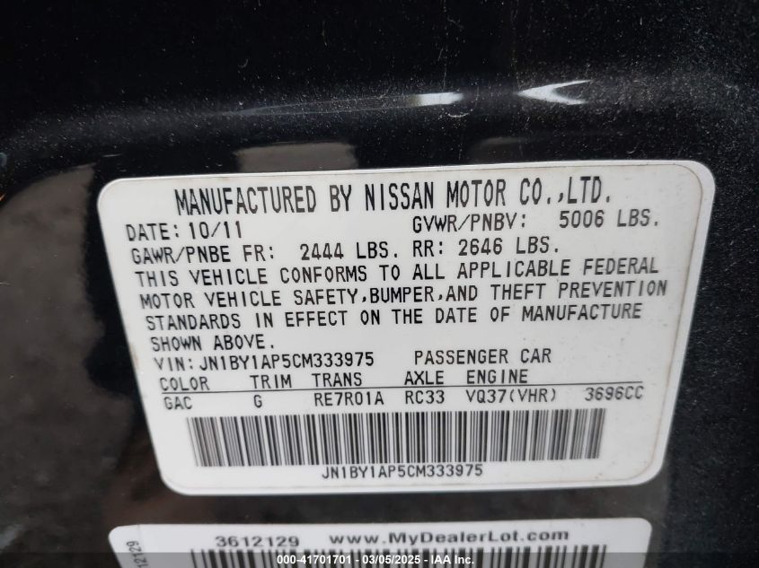 2012 Infiniti M37 VIN: JN1BY1AP5CM333975 Lot: 41701701