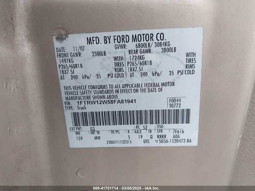 2008 Ford F-150 60Th Anniversary/Fx2/Xl/Xlt VIN: 1FTRW12W58FA81941 Lot: 41701714
