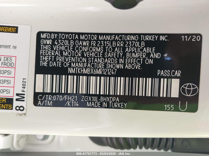 2021 TOYOTA C-HR VIN: NMTKHMBX6MR121247
