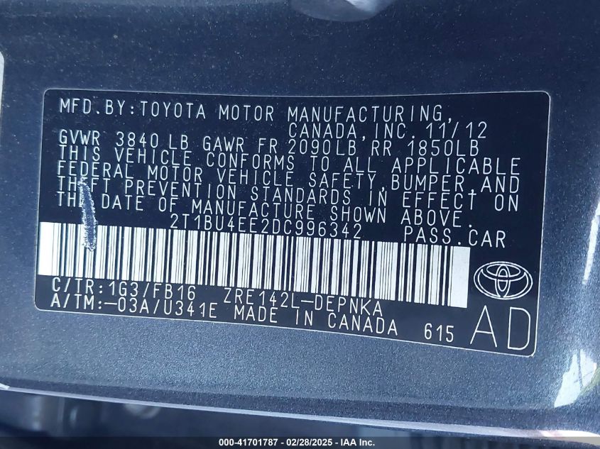 2013 Toyota Corolla Le VIN: 2T1BU4EE2DC996342 Lot: 41701787