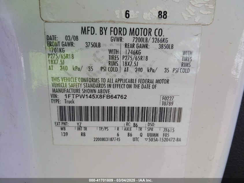 2008 Ford F-150 60Th Anniversary/Fx4/King Ranch/Lariat/Limited/Xlt VIN: 1FTPW145X8FB64762 Lot: 41701809