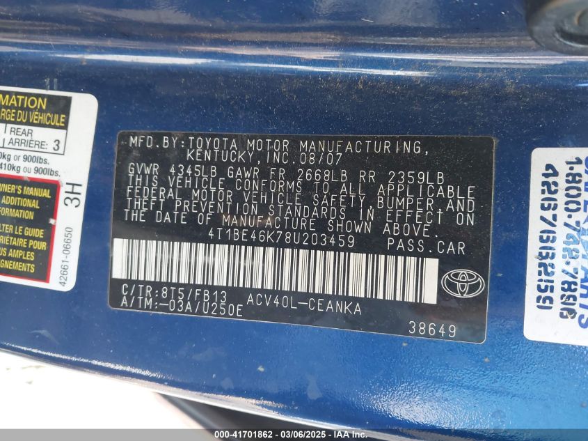 2008 Toyota Camry Le VIN: 4T1BE46K78U203459 Lot: 41701862