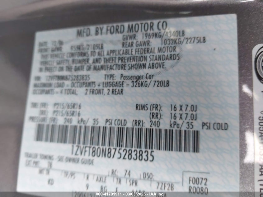 2007 FORD MUSTANG VIN: 1ZVFT80N875283835