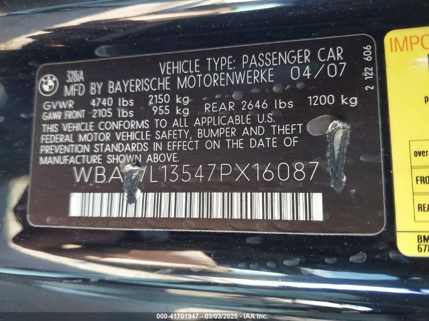 2007 BMW 328I VIN: WBAWL13547PX16087 Lot: 41701947