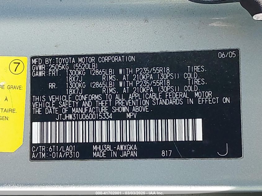 2006 Lexus Rx 400H VIN: JTJHW31U060015334 Lot: 41702001