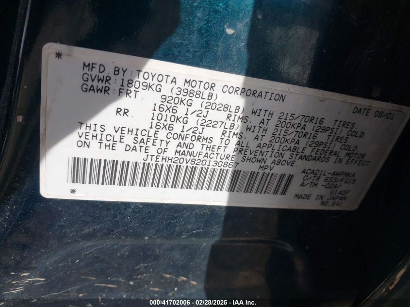 2002 Toyota Rav4 VIN: JTEHH20V820130867 Lot: 41702006