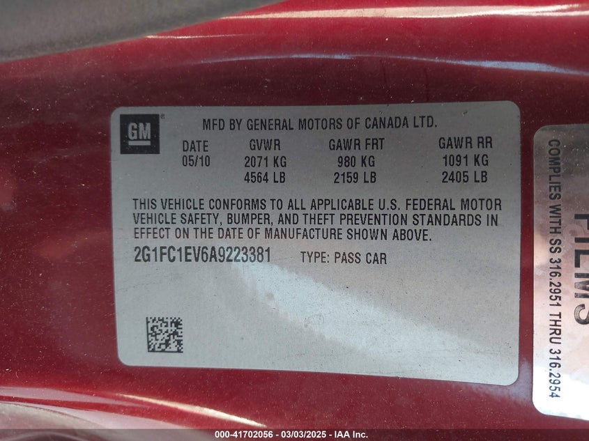 2010 CHEVROLET CAMARO VIN: 2G1FC1EV6A9223381