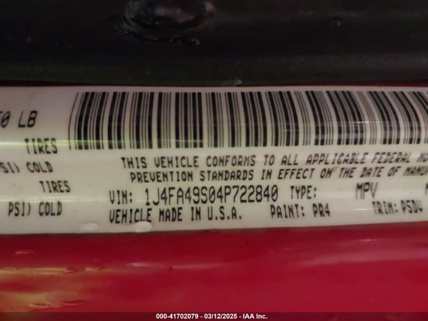 2004 Jeep Wrangler Sport VIN: 1J4FA49S04P722840 Lot: 41702079