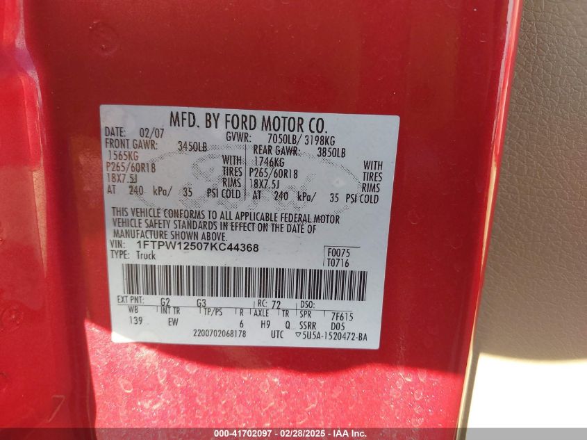 2007 Ford F-150 Lariat/Xlt VIN: 1FTPW12507KC44368 Lot: 41702097