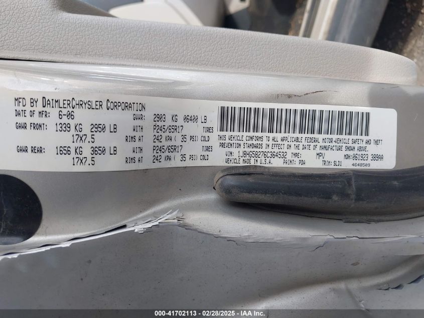 2006 Jeep Commander Limited VIN: 1J8HG58276C364532 Lot: 41702113