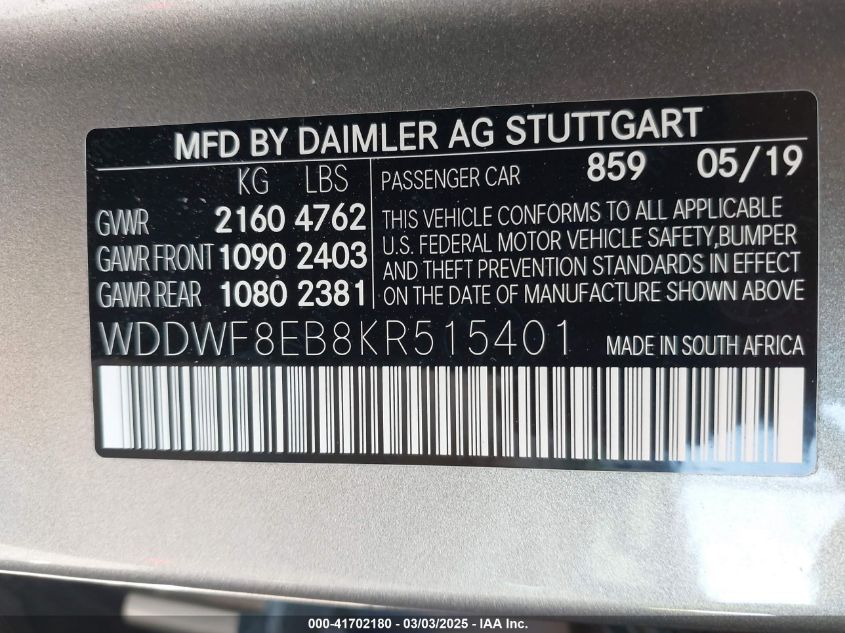 2019 Mercedes-Benz C 300 4Matic VIN: WDDWF8EB8KR515401 Lot: 41702180