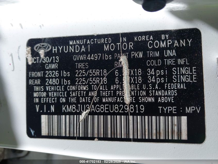 2014 Hyundai Tucson Limited VIN: KM8JU3AG8EU829819 Lot: 41702183