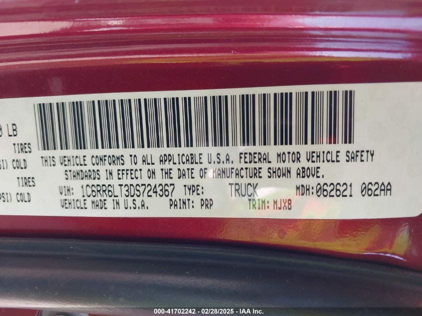 2013 Ram 1500 Big Horn/Lone Star/Outdoorsman/Slt VIN: 1C6RR6LT3D5724367 Lot: 41702242