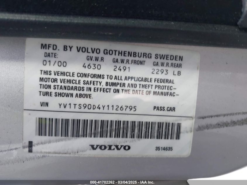 2000 Volvo S80 T-6 VIN: YV1TS90D4Y1126795 Lot: 41702262