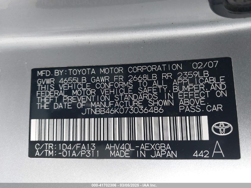 2007 Toyota Camry Hybrid VIN: JTNBB46K073036486 Lot: 41702306