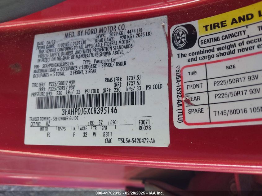 2012 Ford Fusion Sel VIN: 3FAHP0JGXCR395146 Lot: 41702312