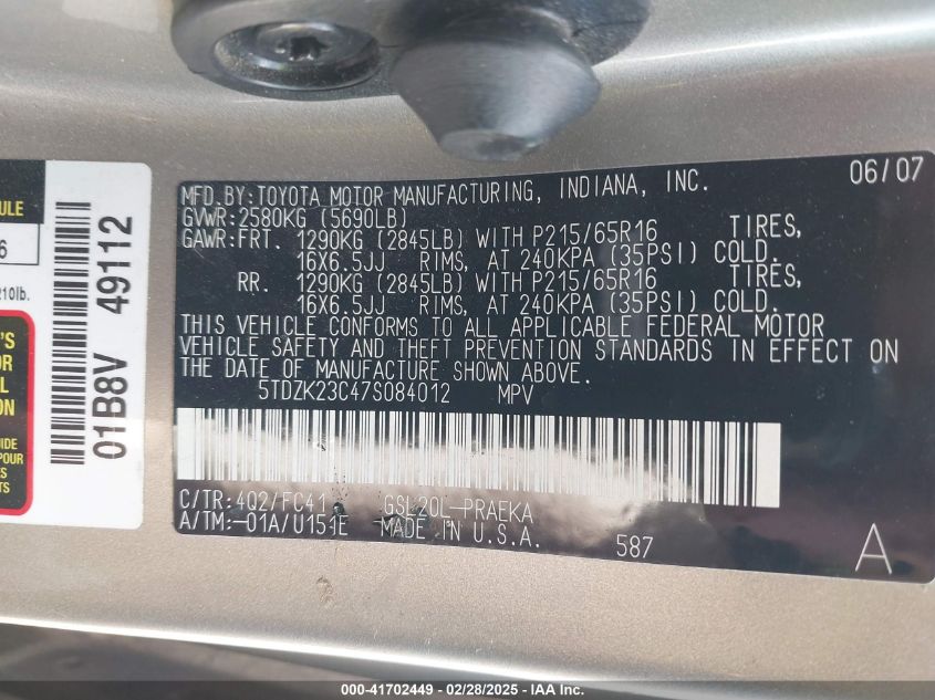 2007 Toyota Sienna Le VIN: 5TDZK23C47S084012 Lot: 41702449