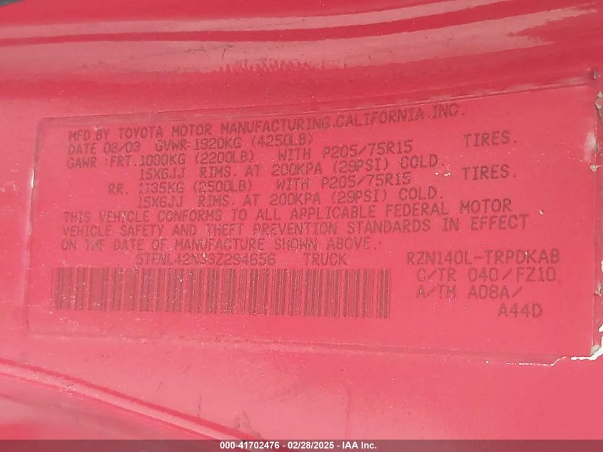 2003 Toyota Tacoma VIN: 5TENL42N33Z294656 Lot: 41702476