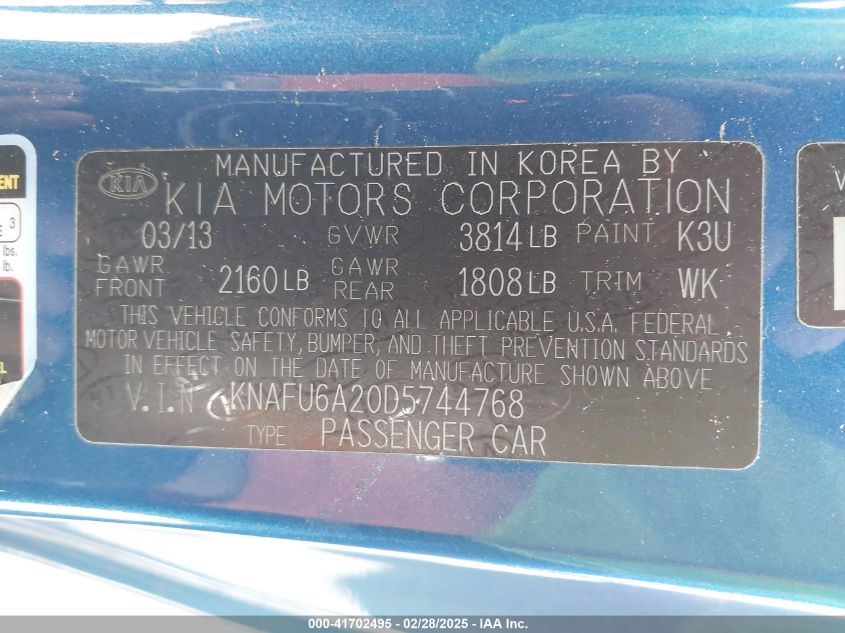 2013 Kia Forte Koup Ex VIN: KNAFU6A20D5744768 Lot: 41702495