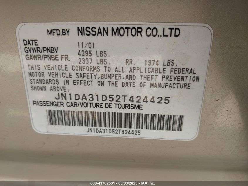 2002 Nissan Maxima Gle/Gxe/Se VIN: JN1DA31D52T424425 Lot: 41702531