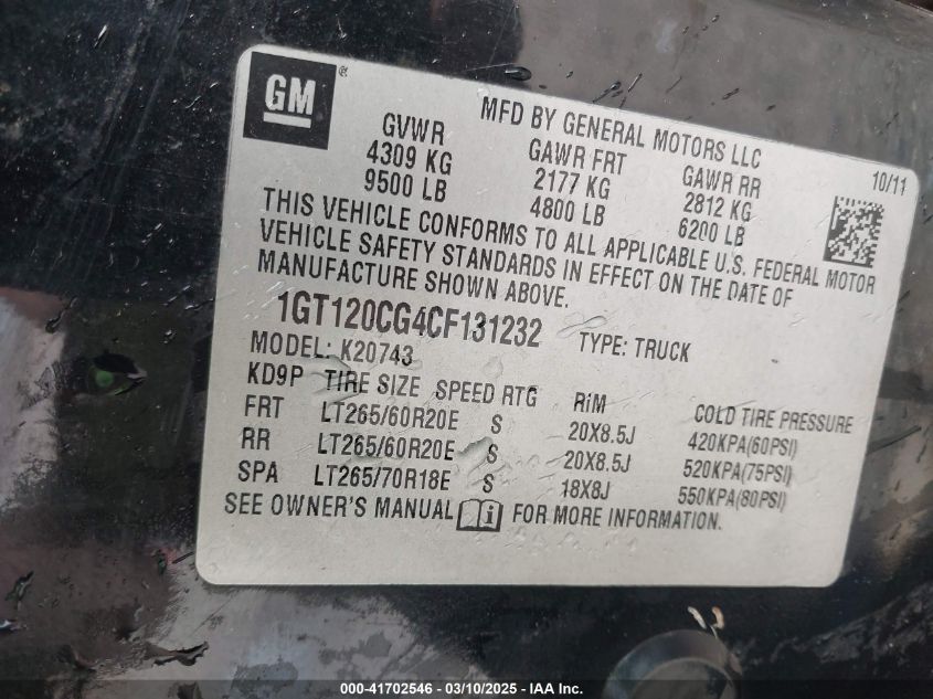 2012 GMC Sierra 2500Hd Sle VIN: 1GT120CG4CF131232 Lot: 41702546