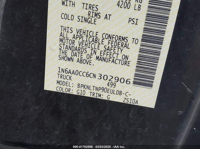 2012 NISSAN TITAN VIN: 1N6AA0CC6CN302906