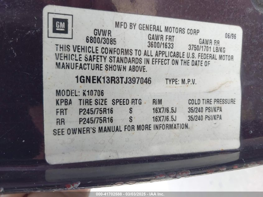 1996 Chevrolet Tahoe K1500 VIN: 1GNEK13R3TJ397046 Lot: 41702588