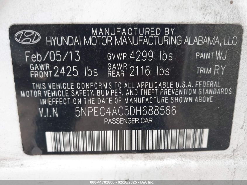 2013 Hyundai Sonata Limited VIN: 5NPEC4AC5DH688566 Lot: 41702606