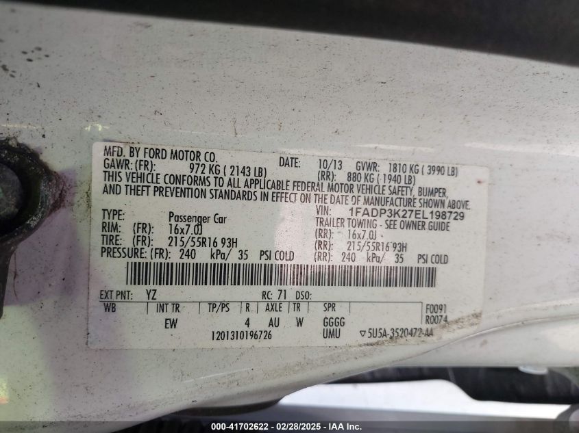 2014 Ford Focus Se VIN: 1FADP3K27EL198729 Lot: 41702622