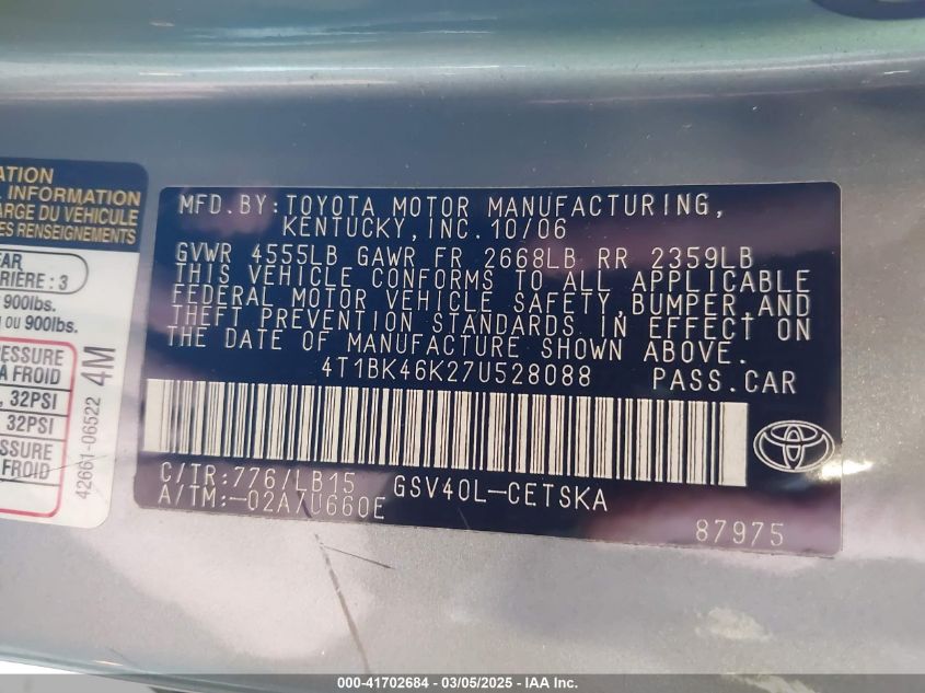 2007 Toyota Camry Se V6 VIN: 4T1BK46K27U528088 Lot: 41702684