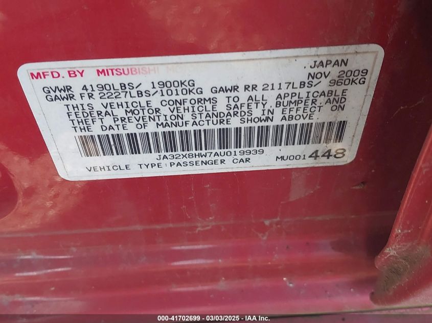 2010 Mitsubishi Lancer Sportback Gts VIN: JA32X8HW7AU019939 Lot: 41702699